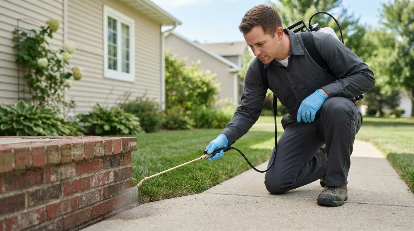 Pest control technician treating a home near Keytesville, MO