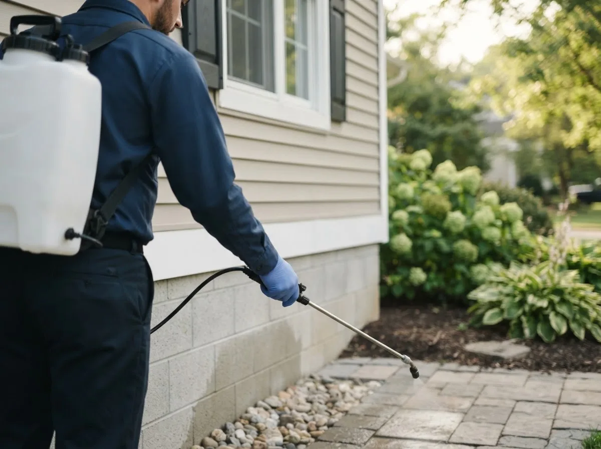 Pest control technician inspecting a home in Keytesville, MO
